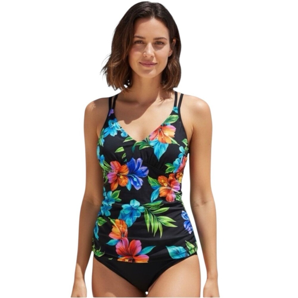 Miraclesuit Floral Tankini Black Size 8 Slimming Hawaiian Tropical Resort